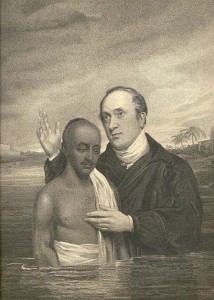    Уильям Уорд, коллега Джошуа Маршмана и Уильяма Кэрри (знаменитая «тройка серампурской миссии»), крестит индуиста в Ганге. Опубликовано «Bloomsbury» в 1821 году.